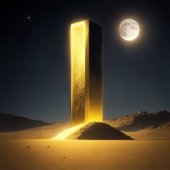 quantum electronic golden monolith on a distant moon glowing Generative AI