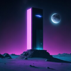 quantum electronic neon monolith on a distant moon glowing Generative AI