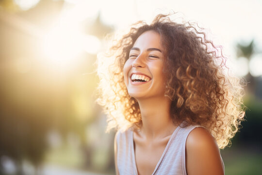 Infectious laughter - A joy-filled woman, eyes shut in pure amusement, captured in the middle of a hearty laugh that lights up her entire face