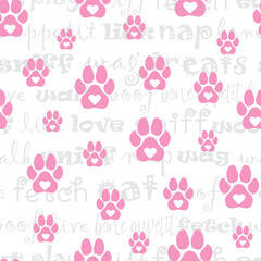 seamless repeat pattern with cute pink dog paws with hearts on a words textured background perfect for fabric, scrap booking, wallpaper, gift wrap projects