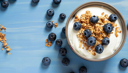 Greek yogurt granola and blueberries on blue table top view. Healthy food nutrition, snack or breakfast. - obrazy, fototapety, plakaty
