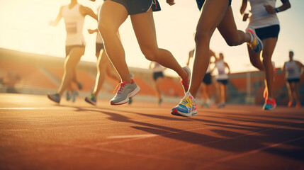 Crowd of athletes running in the stadium. Generative AI