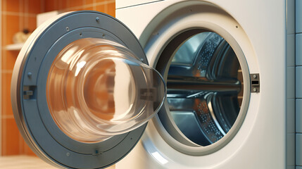 The bathroom features an open washing machine, offering a convenient laundry solution.