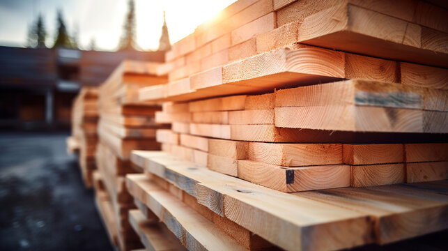 The industrial timber stacked on the site is essential for roofing construction and carpentry work.