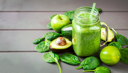 Healthy green smoothie in mason jar and ingredients. Superfoods, detox, diet, healthy food. Lime, apple, spinach, avocado and lime. Green food background.
