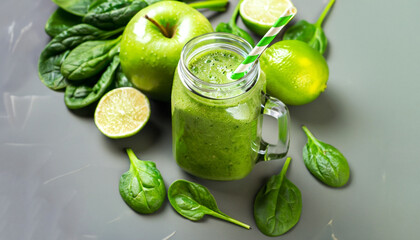 Healthy green smoothie in mason jar and ingredients. Superfoods, detox, diet, healthy food. Lime, apple, spinach, avocado and lime. Green food background.