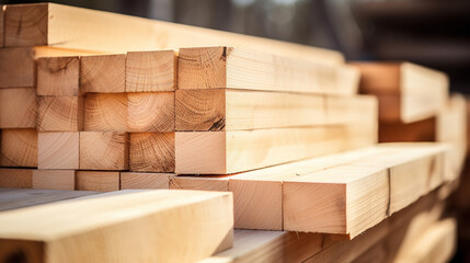 At the lumber yard, a stack of fresh wooden studs awaits, ready to be used as a versatile construction material for various projects.