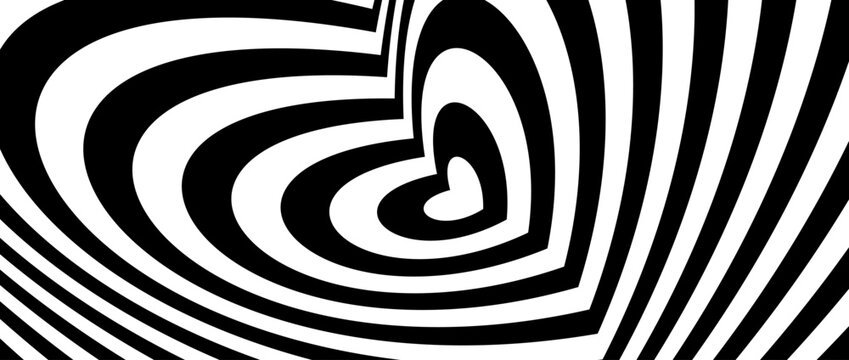 Abstract hypnotic tunnel heart background. Black and white optical illusion pattern. Heart-shaped op art design for poster, banner, template. Vector horizontal illustration wallpaper © vika_k