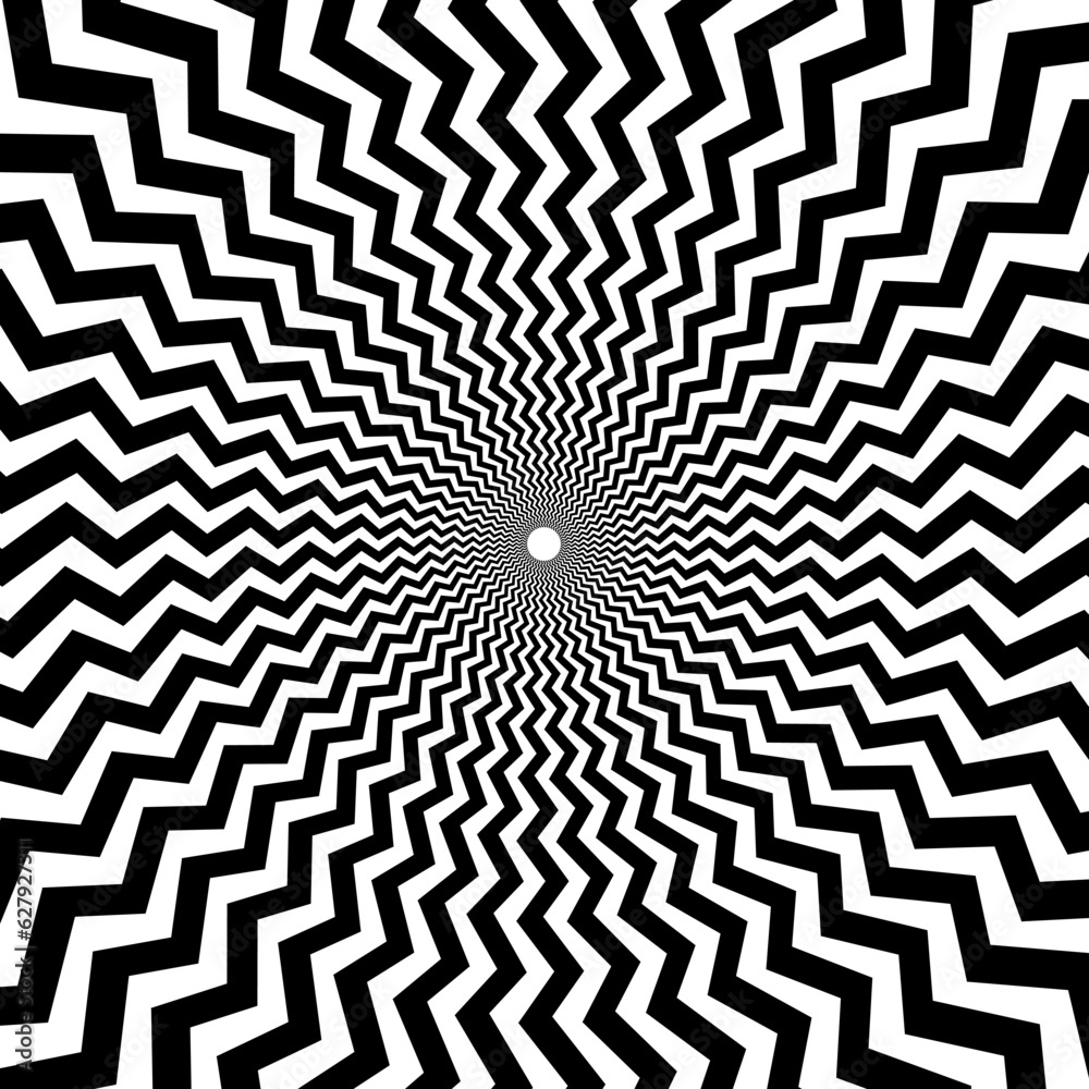 Aufkleber optical illusion background. black and white abstract distorted zigzag lines surface. radial poster 