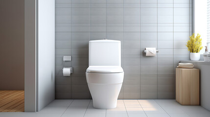 Fototapeta na wymiar A spotless toilet bowl complements the elegant interior decor of the hotel bathroom.