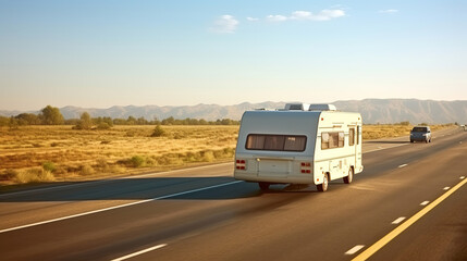 Fototapeta na wymiar A caravan or recreational vehicle motor home trailer is seen traveling on a freeway road, exploring the open road.