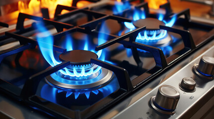 The closeup shot captures the mesmerizing blue flames of the domestic kitchen stove, fueled by propane gas.