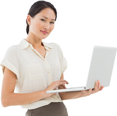 Digital png photo of asian casual businesswoman using laptop on transparent background