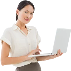Selbstklebende Fototapete Asiatische Orte Digital png photo of asian casual businesswoman using laptop on transparent background