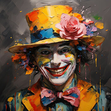 Male clown with happy and laughing expression, in photo painting, with cheerful colors