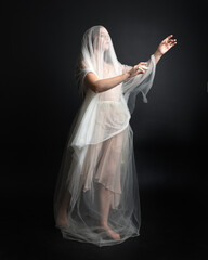 Full length portrait of beautiful woman wearing white gown dress with flowing ghostly veiled...