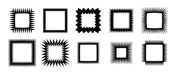 Zig zag edge square frames collection. Jagged shapes set. Black graphic design elements for decoration, banner, poster, template, sticker, badge. Vector