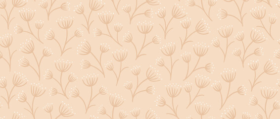 Seamless floral beige pattern. Simple botanical ditsy repeating background. Natural vintage rural wallpaper. Nude colored print for textile and fabric. Vector illustration.