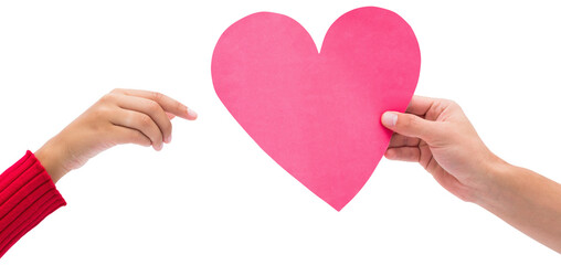Digital png photo of two hands holding paper heart on transparent background