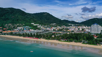 Aerial view of sea front hotels and apartments in Patong beach, Phuket island, Thailand.
