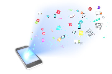 Digital png illustration of various items coming out of smartfon on transparent background