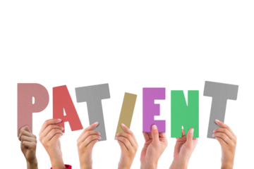 Digital png colourful text about patience on transparent background