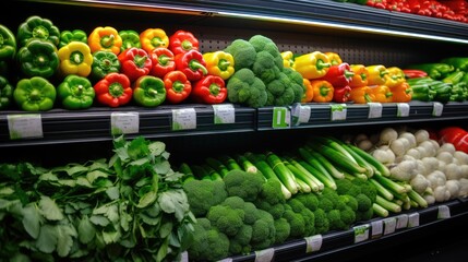 Super fresh vegetables on shelf in market store. Generative AI