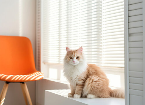The cat is calmly seated on a chair, while a charming potted plant enhances the background, situated near the window.