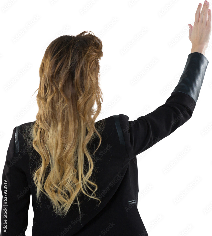 Sticker digital png photo of back view of caucasian businesswoman raising hand on transparent background