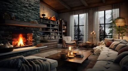 fireplace with beautiful cozy interior. Generative AI