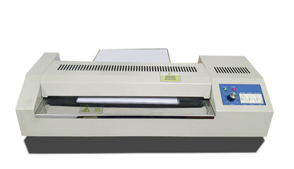 Laminator machine for document laminated in office work isolated on white background, plastic laminating industry technology with clipping path