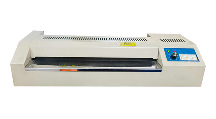 Laminator machine for document laminated in office work isolated on white background, plastic laminating industry technology with clipping path