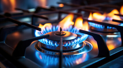The gas stove emits a vibrant blue flame, indicating its efficient burning of propane gas.