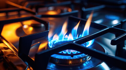 The closeup reveals the brilliant blue hue of the flames as the propane gas burns in the kitchen stove.
