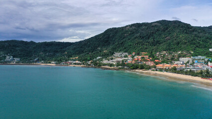 Obraz na płótnie Canvas Aerial view of sea front hotels and apartments in Patong beach, Phuket island, Thailand.