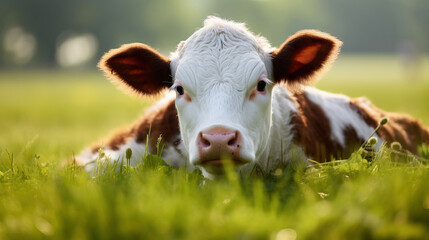 The adorable calf in the close-up is peacefully lying down in the sunlit green field, creating a picturesque scene.