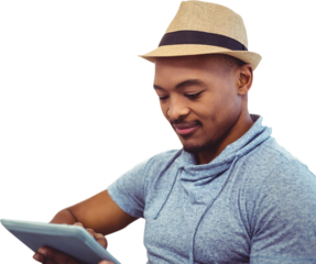 Digital png photo of happy biracial man using tablet on transparent background