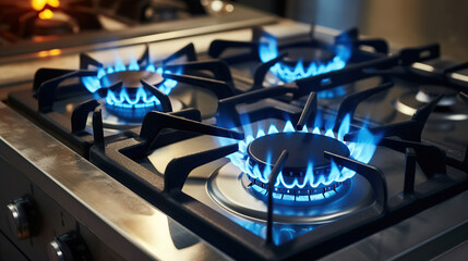 The closeup shot captures the mesmerizing blue flames dancing on the domestic kitchen stove, fueled by propane gas.