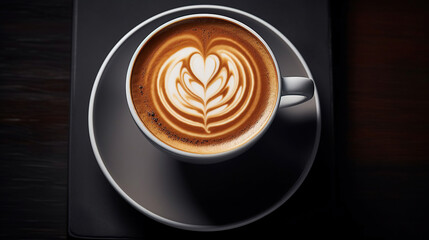 The wooden table features a cup of coffee latte showcasing intricate latte art.