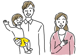 笑顔の夫婦と子どもの家族のシンプル線画イラスト