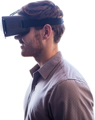 Digital png photo of caucasian man wearing vr headset on transparent background