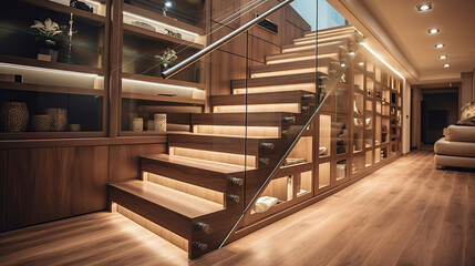 The multi-storey house boasts a well-designed hallway with elegant stairs, and the pullout cabinets offer ample storage solutions without compromising on style.