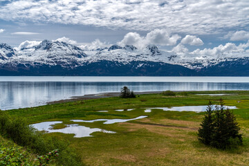 The floodplain at the mouth of Gold Creek and the Chugach Mountains across the bay, Port Valdez, Alaska