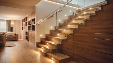 The glossy wooden stairs add a touch of sophistication to the interior design, complementing the overall modern aesthetic.