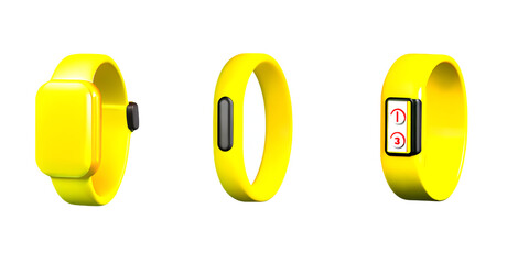 Yellow fitness tracker or smart watch with heart rate monitor isolated on blue background