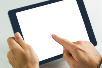 Digital png illustration of hands holding tablet with copy space on transparent background