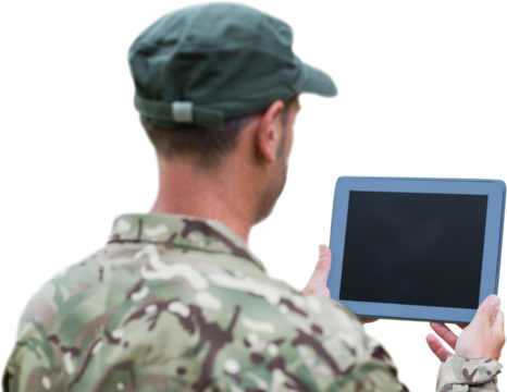 Digital png photo of caucasian male soldier using tablet on transparent background - Powered by Adobe
