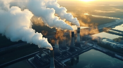 From an aerial perspective, the coal power plant's towering pipes release black smoke into the atmosphere, contributing to pollution. - obrazy, fototapety, plakaty