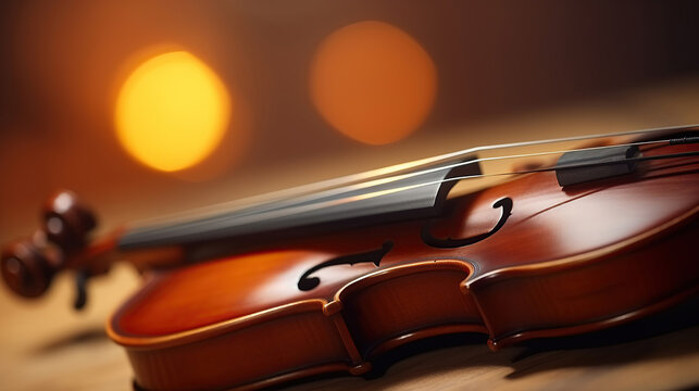 In the close-up shot, the violin's craftsmanship is revealed, highlighting the fine grain of the wood and the graceful curves of the instrument.