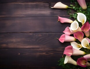 A Calla Lily Floral Border with Copy Space on a Wood Surface